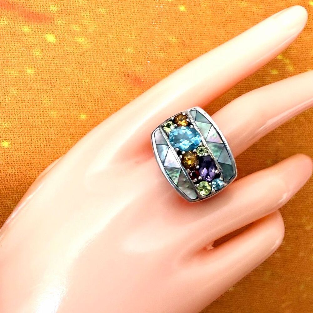 Chi by Falchi 925 Sterling Silver Multigemstone Abalone Inlay Statement Ring